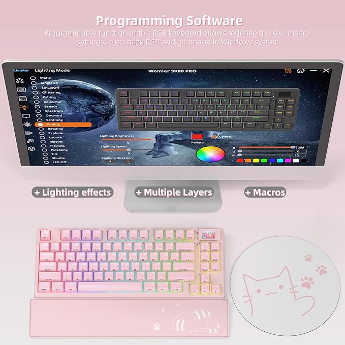 Womier 75% Pink Creamy Mechanical Keyboard Wireless with Color Multimedia Screen Gaming Keyboard, 3-Modes Hot Swappable Cute Key Board w/Wrist Rest, Gasket RGB Custom for Mac/Win (SK80 PRO)