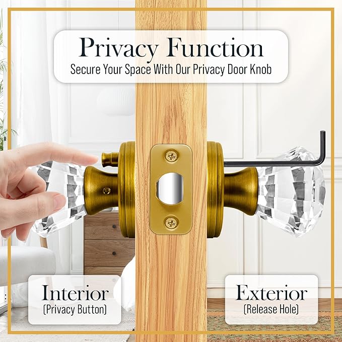 Gold Crystal Door Knobs with Lock, Glass Door Knobs Interior Privacy Set, Brass Vintage Decorative Antique Style Handle for Bedroom, Bathroom, Closet, 2 Pack