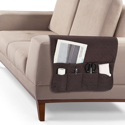 uxcell Couch Sofa Armrest Organizer Non-Slip Chair Arm Recliner Remote Control Organizer with 6 Pockets for Books, Magazines, Tablet, Phone, Chocolate