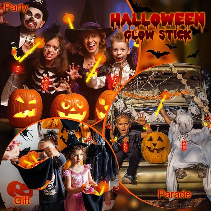 Lewtemi 32 Pcs Pumpkin Halloween Glow Sticks Set Include Bracelet Necklace Ring Wand Glow in the Dark Party Supplies Decorations Halloween Party Favors Goodie Bag Fillers Gifts for Kids Adults
