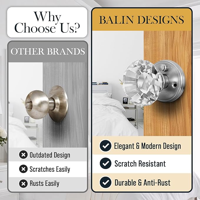 Silver Crystal Door Knob with Lock, Glass Door Knobs Interior Privacy Set, Vintage Decorative Antique Style Handle for Bedroom, Bathroom, Closet, 1 Pack