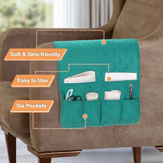 uxcell Couch Sofa Armrest Organizer Non-Slip Chair Arm Recliner Remote Control Organizer with 6 Pockets for Books, Magazines, Tablet, Phone, Plaid Green