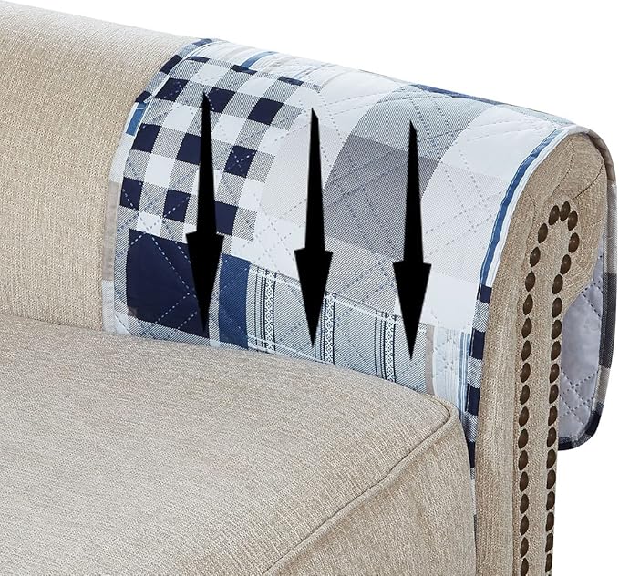 Brilliant Sunshine Multi Blue Plaids and Stripes Patchwork Sofa Armrest 5 Pockets Organizer, Slip Resistant Armchair Caddy, Washable Remote Controls Holder, Storage for Magazine, Tablet, 35×13", Blue