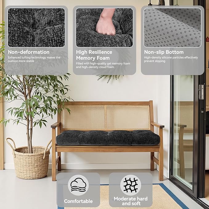 Bench Cushion 36 Inch - Luxury Chenille, High-Density Memory Foam, Non-Slip Bottom, Soft Durable Indoor Tufted Long Seat Cushion for Window Garden Furniture (Dark Gray, 36x14x4 Inch)