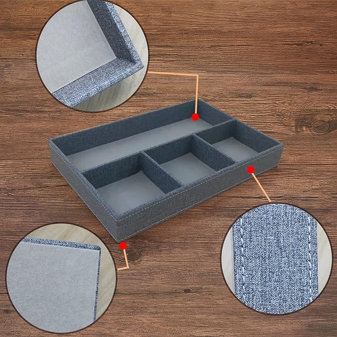 Desktop Storage Organizer, Bedside Table or Storage rack Leather Tray, Valet Tray, Dresser Organizer, 4 Compartments,PU Leather Drawer Storage Organizer Decorative Trays. (gray)
