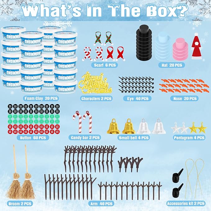 20 Pack Snowman Kit, DIY Christmas Craft for Kids Gifts, Build a Snowman Kit Indoors Decorations, Creative Air Dry Clay Modeling Crafts Kit for School Winter Party Activities, Christmas Perfect Kids