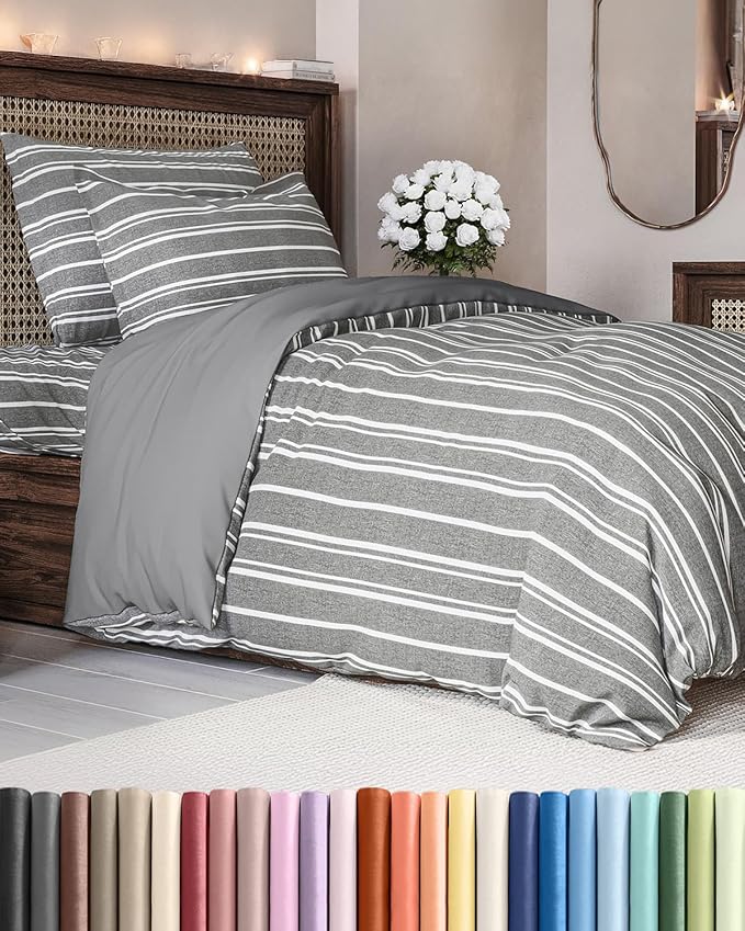 Duvet Cover Twin/Twin XL Size Set - Extra Soft Duvet Cover 68 x 90 with 1 Pillow Sham - Hotel Luxury, Easy Care and Fade Free w/ Zipper Closures & Ties - Comfy, Breathable Bedding Set (Grey Stripes 3)