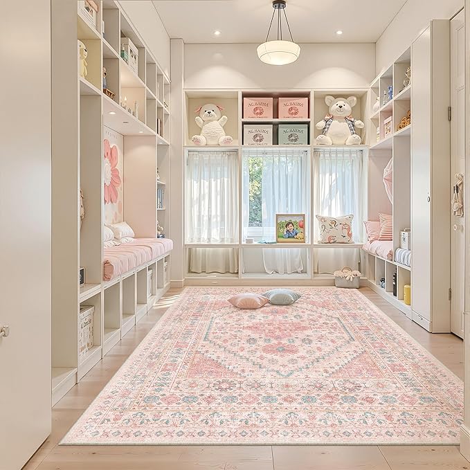 zesthome 7x9 Washable Rugs for Baby Girl, Super Soft Pink Rugs for Nursery Room, Non-Slip Stain Resistant Bedroom Rug, Ultra-Thin Large Area Rug (Pink/Blue,7'x9')