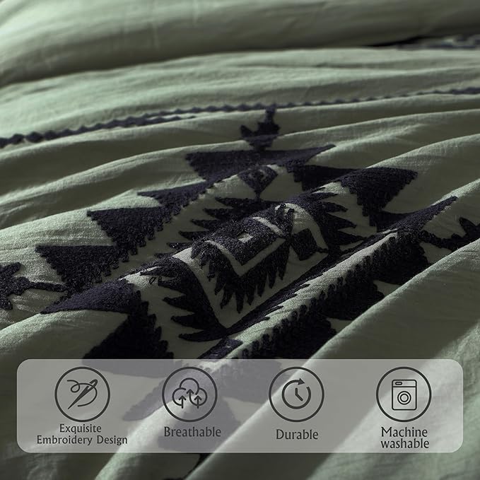 MaiRêve Embroidery Comforter Set, Boho Farmhouse Western Bedding Set, All Season Bed in A Bag Comforter Set with Sheets, Pillowcases & Shams, Olive Green California King 7 Pieces