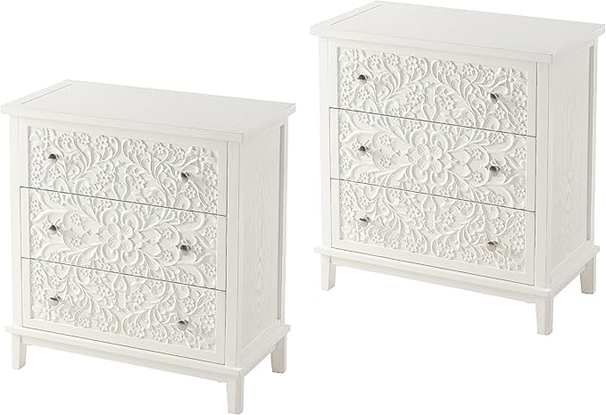 COZAYH 3-Drawer Fully-Assembled Flower Motif Dresser, Set of 2 Nightstand for French Country, Farmhouse, Modern, Rustic Style, Distressed Finish, White-Washed