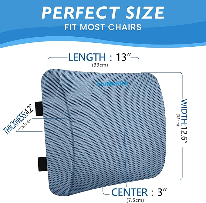 Lumbar Support Pillow for Office Chair Back Support Lumbar Pillow for Car, Gaming, Office Chair - Improve Sitting Posture & Back Pain Relief, Memory Foam, Adjustable Straps, Light Blue