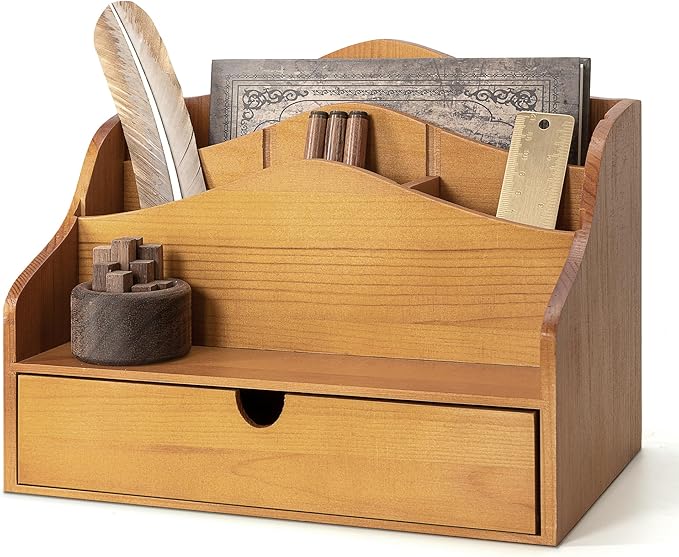 Pine Wood Mail Organizer For Desk - Rustic Mail Sorter With Drawer & Dividers 4-Slot Letter Sorter For File And Jewelry - Wooden Letter Holder For Desk Organization & Home Office Decor (Yellow)
