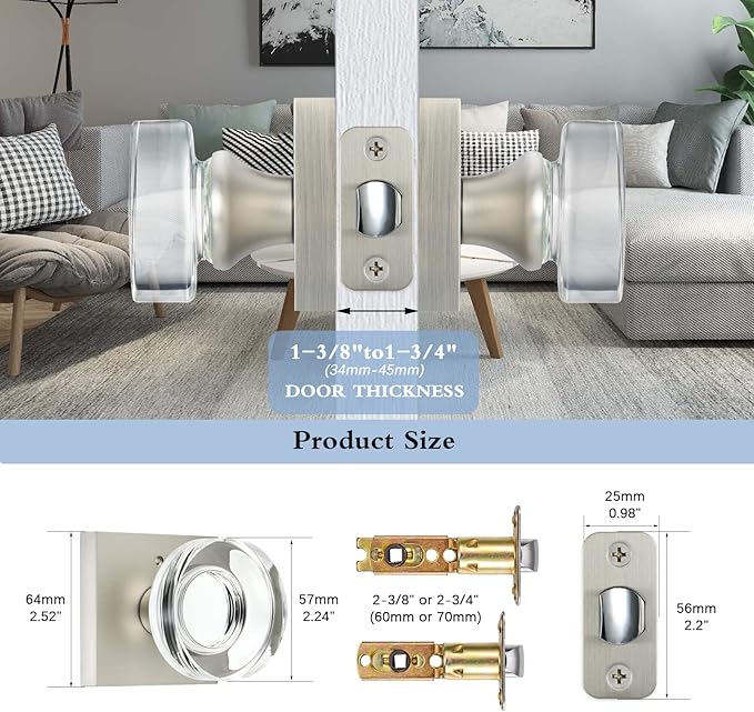 coolnews Crystal Glass Door Knobs Interior, Passage Door Knobs for Hall Closet, Satin Nickel