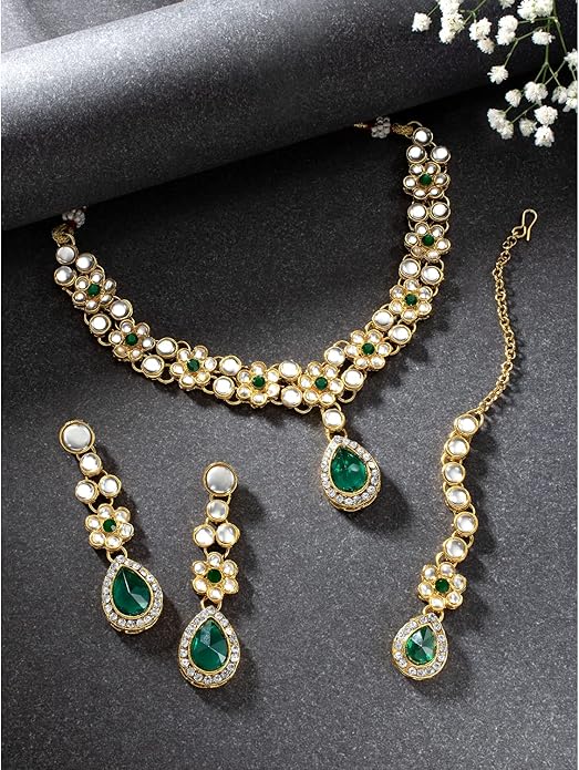 Aheli Traditional Gold Plated Kundan Beads Studded Choker Necklace Dangle Earrings & Maangtikka Set Ethnic Fashion Jewellery Gift for Women