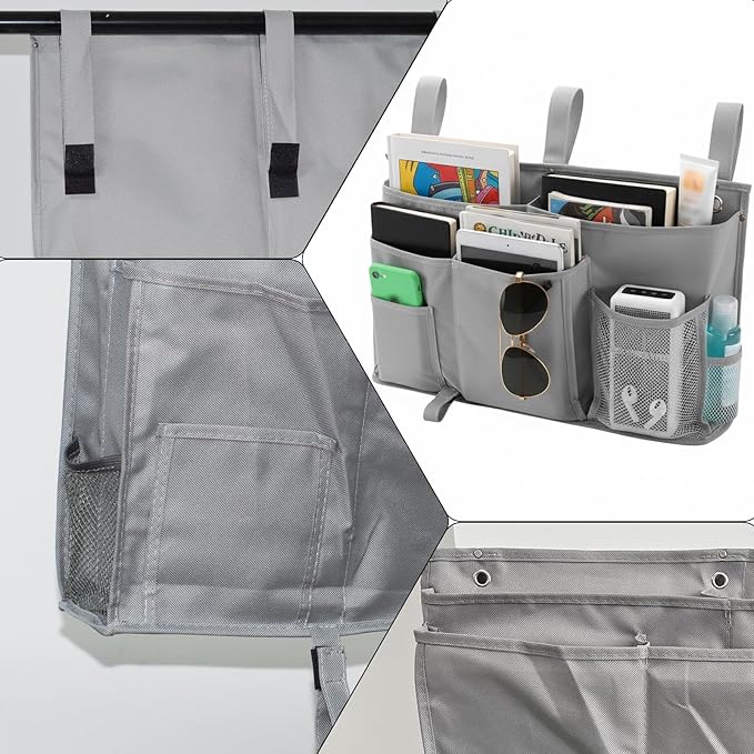 Bedside Organizer, Durable Bunk Bed Caddy, Multi-Pocket Hanging Storage Bag for College Dorm, Home, Hospital and Baby Stroller, Easy Installation, Metal Rivets Added, Oxford Fabric(Gray)