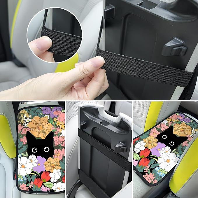 Black Cat Auto Center Console Pad,Soft Waterproof Car Center Console Cover Auto Armrest Seat Box Cover Protector for Most Vehicle SUV Truck Car