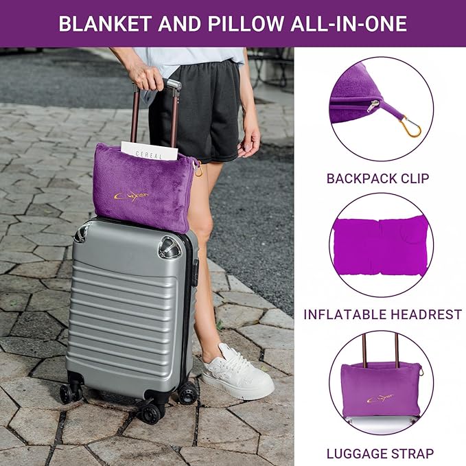 CLEXION Travel Blanket & Pillow Set, 300 GSM Soft Fleece, 60x43 Inches, 3-in-1 Airplane Blanket, Travel Pillow and Blanket Set, Travel Blanket Airplane Compact with Bag, Travel Essentials, Violet