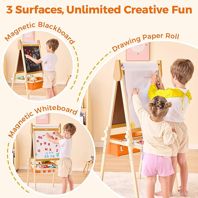 All-in-One Art Easel for Kids with 2 Paper Rolls & Deluxe Accessories, Adjustable Magnetic Double Sided Whiteboard & Chalkboard, Painting Kid Easel for Toddlers 2-8, Ideal Christmas Gift