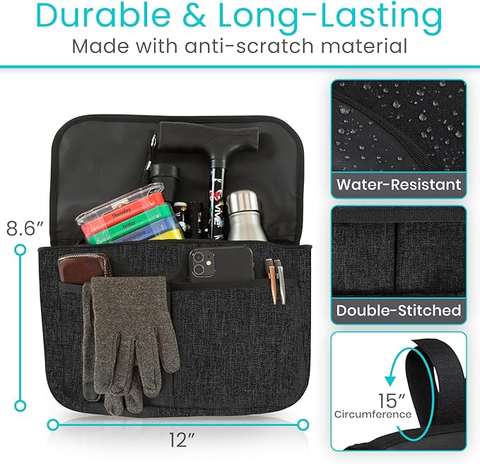 Vive Wheelchair Carry Bag - Arm Rest Pouch for Rollator, Walkers, Power Wheel Chairs and Knee Scooters - Side Storage Organizer for Elderly, Seniors, Adults (Black)