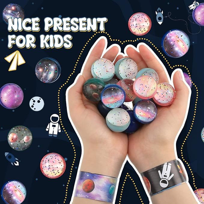 32 Pieces Space Bouncy Balls Slap Bracelets Set, Inclued 16 Space Slap Bracelets and 16 Rubber Space Theme Galaxy Bouncy Balls for Outer Space Birthday Party Favors Supplies Toys Bag Fillers