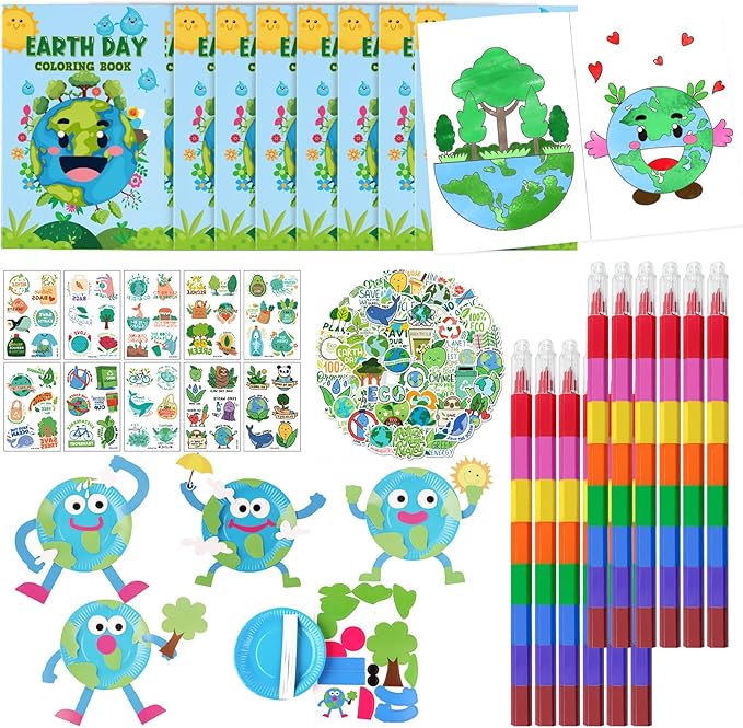 Cinrobiye 72 Pcs Earth Day Party Favors Gifts，Save the Planet Coloring Books with Stacking Crayons，Earth Party Crafts DIY Kit，Travel Party Stickers World Environment Day Decorations for Classroom