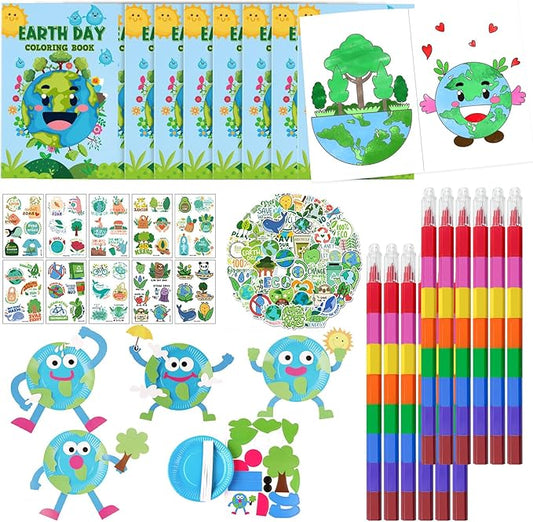 Cinrobiye 72 Pcs Earth Day Party Favors Gifts，Save the Planet Coloring Books with Stacking Crayons，Earth Party Crafts DIY Kit，Travel Party Stickers World Environment Day Decorations for Classroom