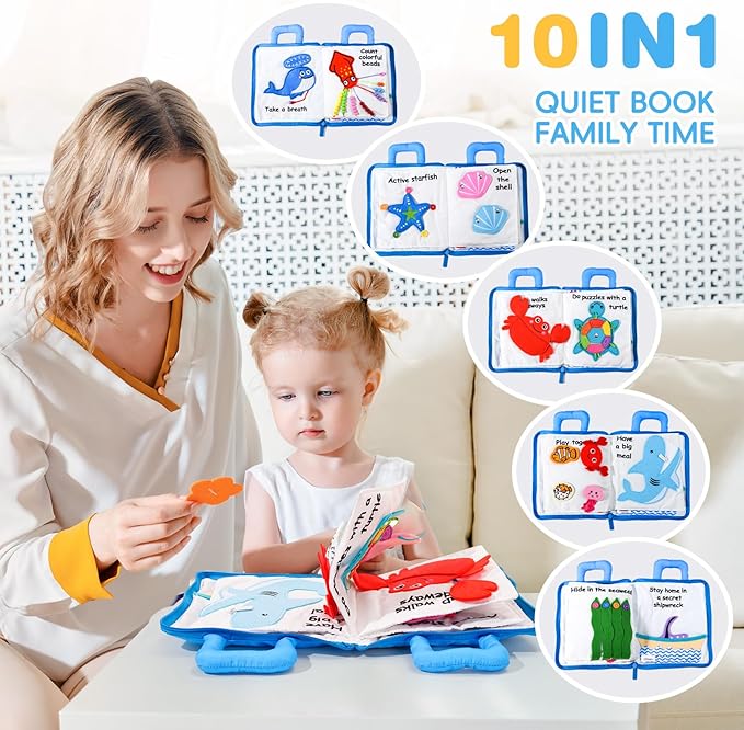 Jollybaby Quiet Book for Toddlers - Montessori Basic Skills Activity Toys - Preschool Learning Soft Travel Toy & Sensory Educational Busy Book for 1-3 Year Old Boys & Girls + Zipper Bag(Wathet)