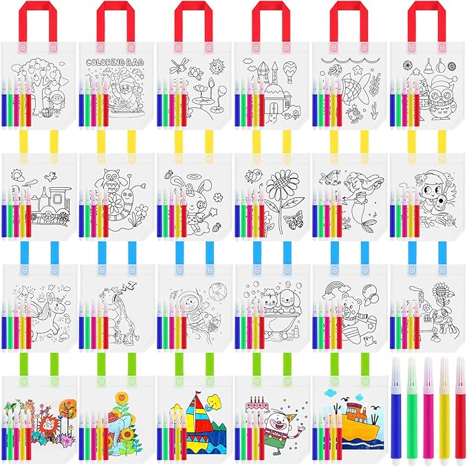 Loccmat 48 Pcs Coloring Goodie Bags for Kids,Reusable Art Party Favor Bags,Non Woven Coloring Totes,Color Your Own Bag,Graffiti Goodie Bags,Birthday Party Favor Bags (22 Styles,240 Colorful Pens)