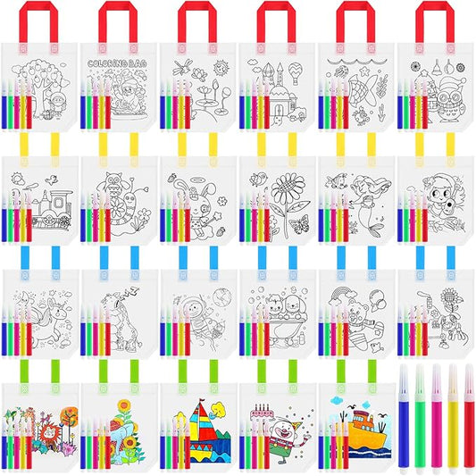 Loccmat 48 Pcs Coloring Goodie Bags for Kids,Reusable Art Party Favor Bags,Non Woven Coloring Totes,Color Your Own Bag,Graffiti Goodie Bags,Birthday Party Favor Bags (22 Styles,240 Colorful Pens)