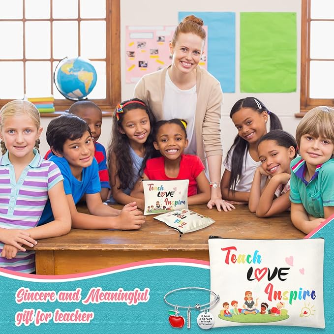 8 Pcs Teacher Appreciation Gift Set for Women, 4 Teacher Makeup Pouch Cosmetic Bags and 4 Bangle Bracelets, Christmas Valentines Thank You Gifts for Teacher (Teach Love Inspire)