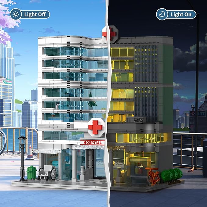 City Hospital Toy Building Set with LED Lighting, Compatible with Lego, Modular Three-Story Architecture Set for Adults, Gift Idea for Kids Ages 10 and Up (1350 Pieces)