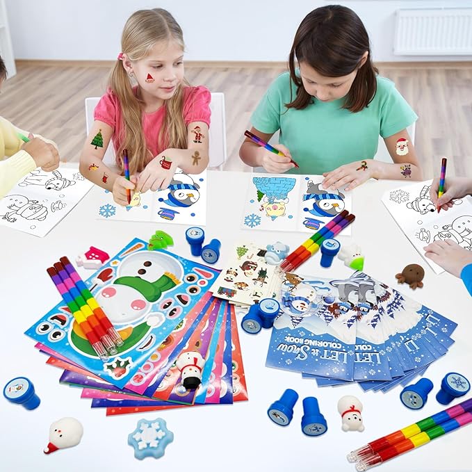 Cinrobiye 144 Pcss Merry Christmas Party Favors Max Holiday Coloring Books Tattoo DIY Sticker Stampers Class Reward Prizes for Christmas Holiday Winter Party supplies (Winter2)