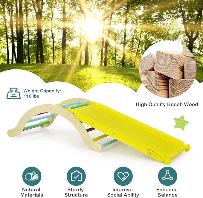 Costzon Climbing Toys for Toddlers, 3-in-1 Montessori Wooden Arch Climber Ladder Structure with Rock Climbing Ramp/Padding, Indoor Gym Learning Playset, Playground for Kids Gift (Rainbow)