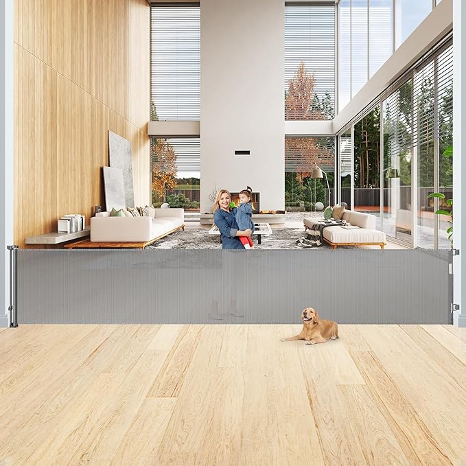 200 Inch Retractable Baby Gates Extra Wide Retractable Dog Gate for Super Wide Openings Indoor Extra Wide Baby Gate Outdoor Retractable Gates for Dogs Baby Fence Play Area Garage Gate Deck Gate, Gray