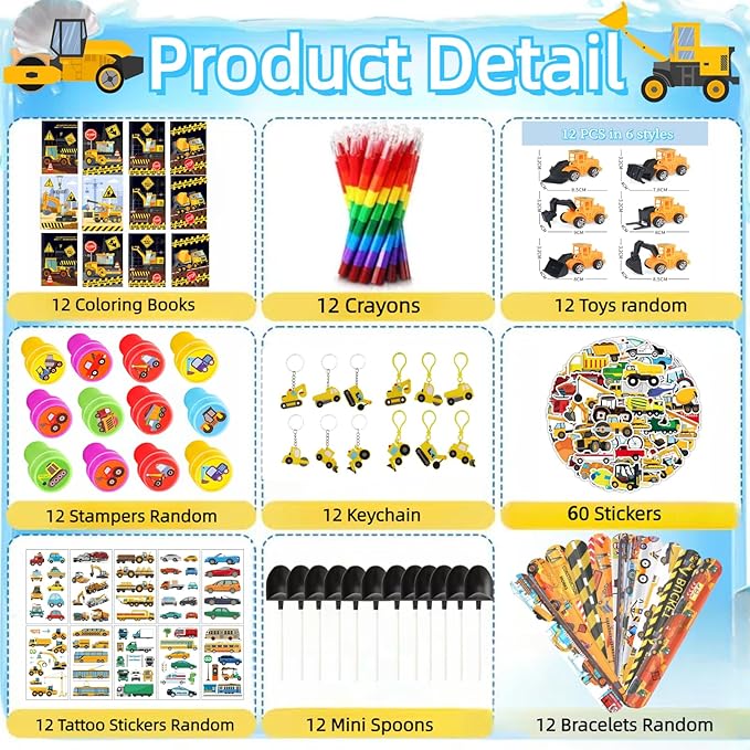 156Pcs Consrtuction Coloring Books with Crayons Bulk Truck Car Vehicle for Toddlers Kids 3-5 4-8 Tattoo Stickers Stamper Slap Bracelets School Classroom Gift Reward Goodie Bags Birthday Supplies