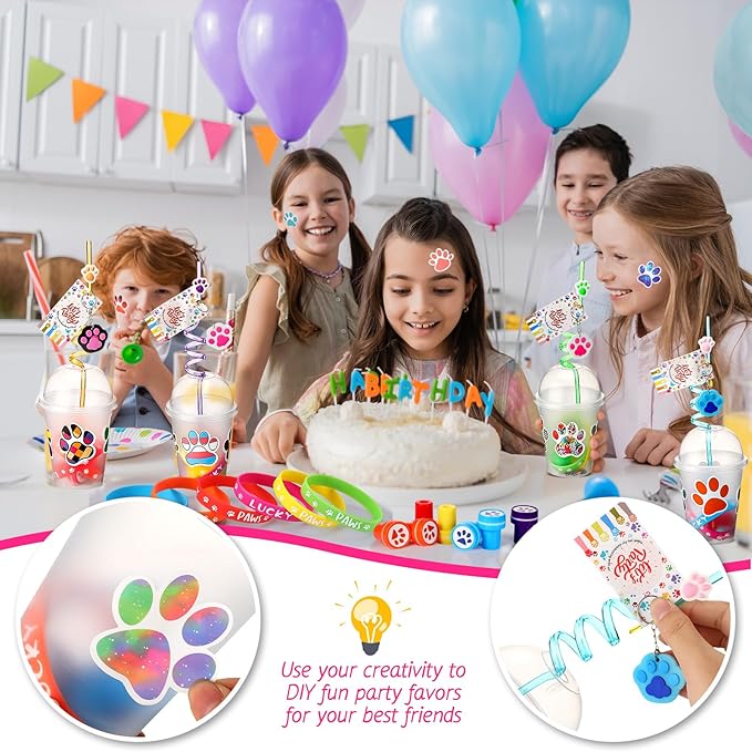 Gejoy 178 Pcs Dog Paw Party Favors Set Includes Paw Straws Cups Silicone Bracelet Keychain Stamper Sticker Pendant Chain Thank You Tag for Boy Girl Dog Theme Party Supplies(Dog Paw)