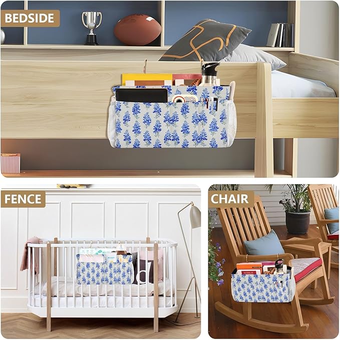 Watercolor Bluebonnets Bedside Caddy for Dorm Bed Bedside Hanging Caddy Bag Iron Frame Storage Organizer Pocket for Bunk Home College Hospital Beds 2 Hooks