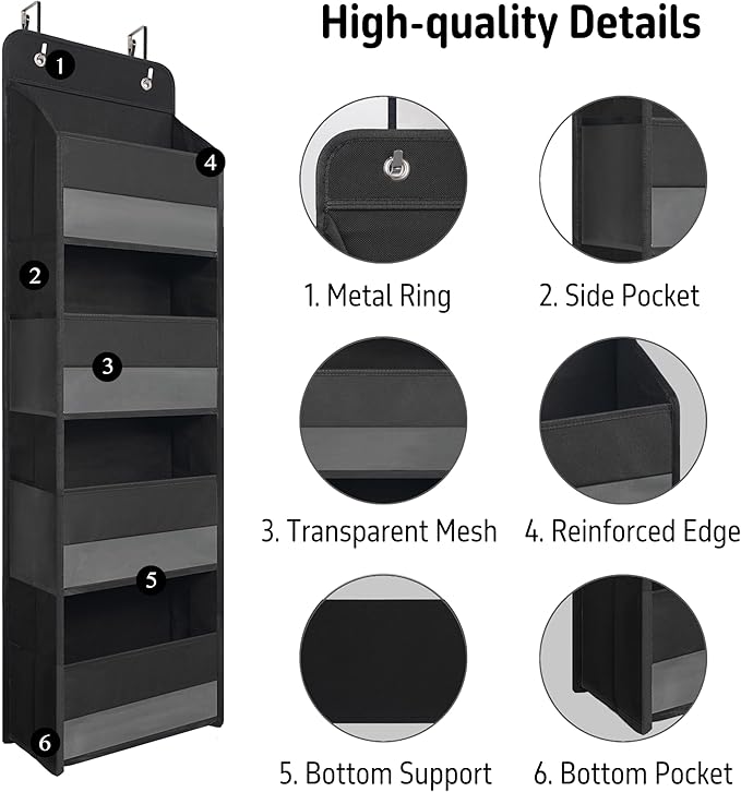 Over The Door Hanging Organizer with 4 Large Pockets – Closet, Bathroom, Nursery, Bedroom, Dorm Storage for Toys, Cosmetics, and Baby Essentials, Black