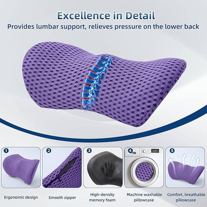 Lumbar Pillow, Memory Foam Lumbar Support Pillow for Office Chair and Car Seat, Ergonomic Streamline Back Pillow for Lower Back Pain Relief, Back Support Pillow for Sitting, Driving, Traveling
