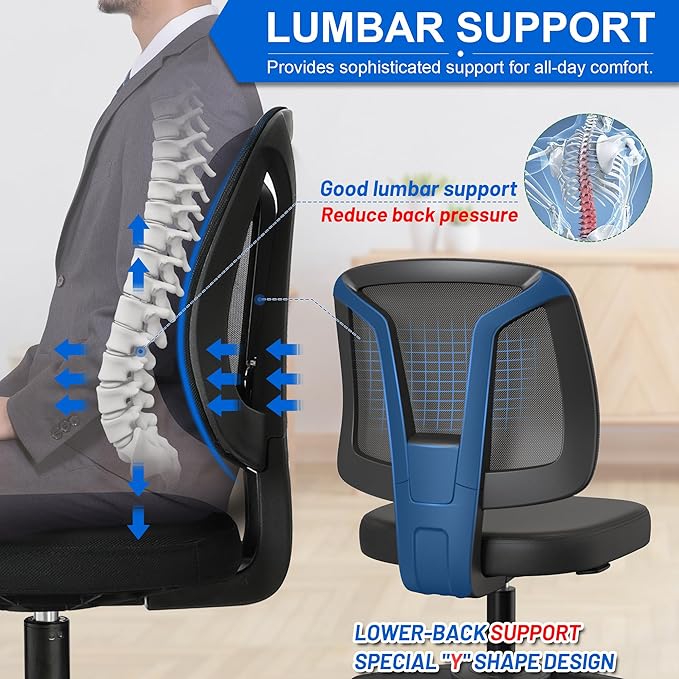 Armless Swivel Mesh Computer Office Desk Chair No Arms Height Adjustable with Lumber Support for Child and Adult