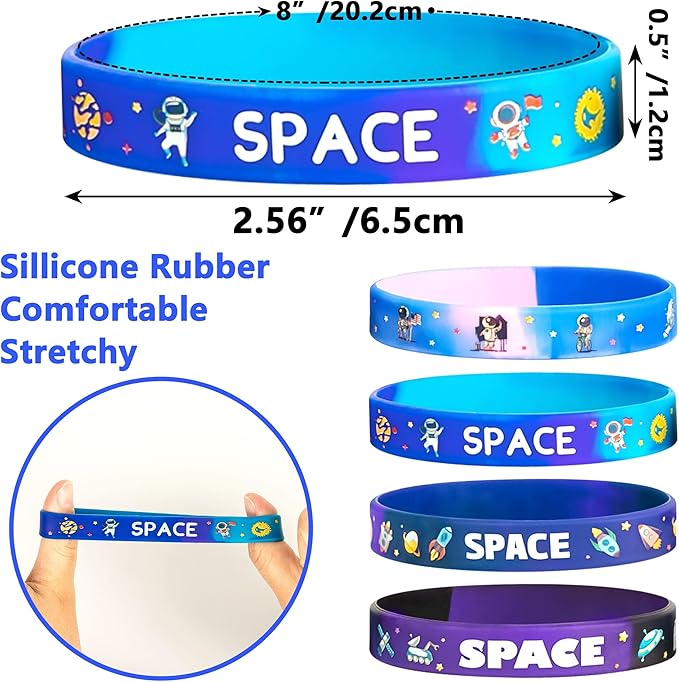 Lesnala 48PCS Outer Space Party Silicone Bracelets Astronaut Rubber Wristband Bulk Galaxy Stars Themed Party Favors for Planet Universe Birthday Decorations Supplies 4 Styles