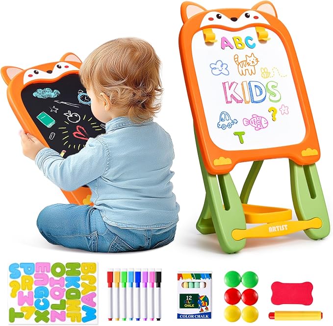Adjustable Standing Toddler Art Easel with educatinal Accessories for Kid,4-in-1 Double-Sided Magnetic Chalkboard&Whiteboard,Dry Eraser Board,Detachable&Portable,Ideal Birthday Gift for 2-4,FOX