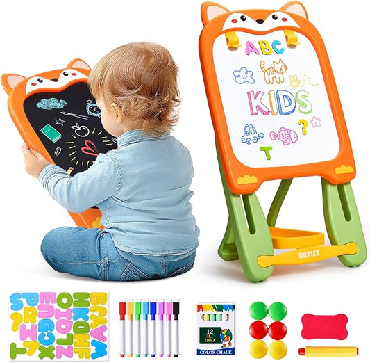 Adjustable Standing Toddler Art Easel with educatinal Accessories for Kid,4-in-1 Double-Sided Magnetic Chalkboard&Whiteboard,Dry Eraser Board,Detachable&Portable,Ideal Birthday Gift for 2-4,FOX