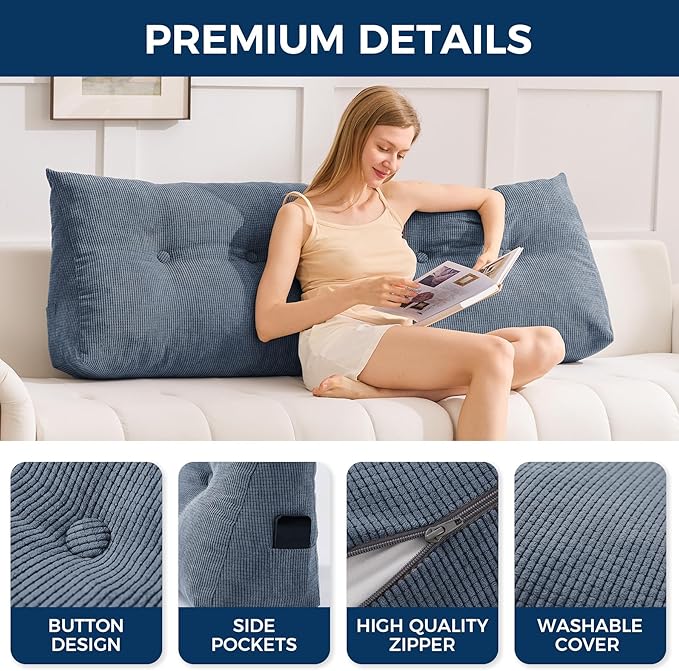 Headboard Pillow Queen, Triangle Pillows for Headboard, Head Board Backrest Wedge Pillow for Reading Sitting Working, Daybed Pillows with Removable Cover for Bed Dorm Sofa, Navy Blue
