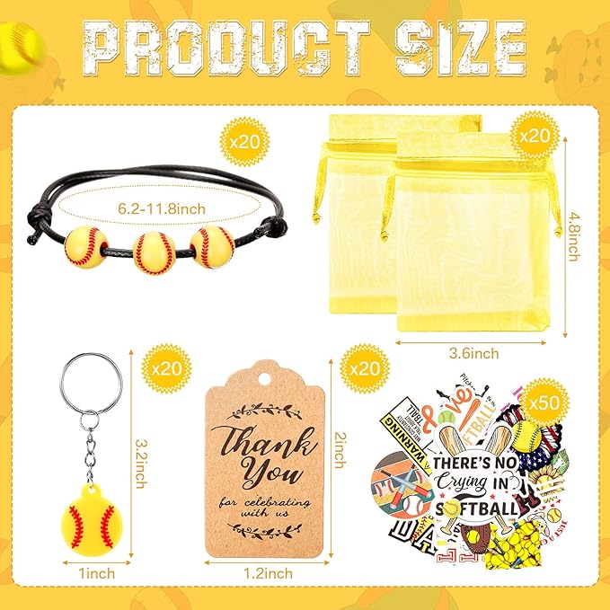 130 Pcs Softball Party Favors Including Softball Keychains Adjustable Softball Bracelets PVC Softball Stickers Thank You Kraft Tags Organza Bags for Birthday Party Wedding School Reward