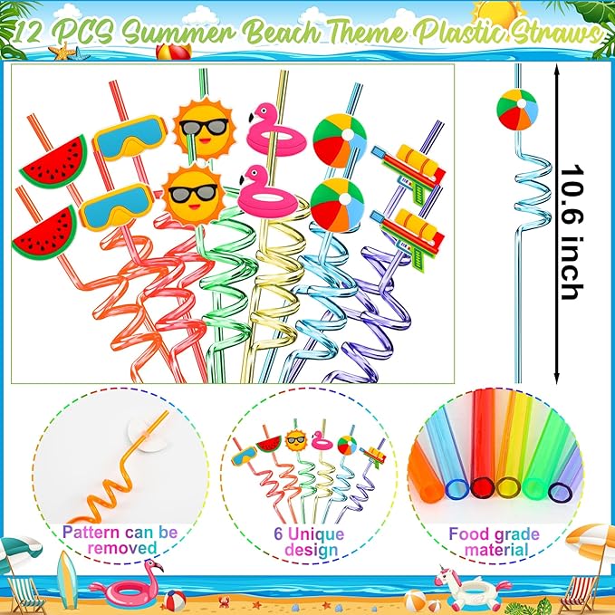 Erweicet Summer Beach Party Favors 72 PCS Summer Pool Slap Bracelets DIY Stickers Keychains Temporary Tattoos Plastic Straws Party Gift Bags for Hawaiian Luau Theme Birthday Party Baby Shower