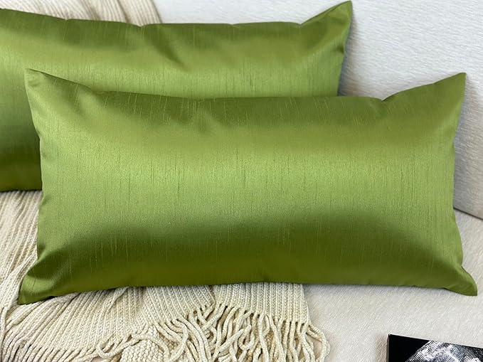 Aiking Home 12x24 Inches Faux Silk Rectangular Throw Pillow Cover, Zipper Closure, Green (Set of 2)