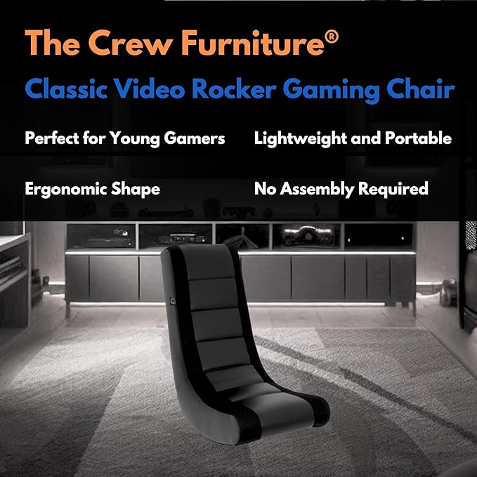 The Crew Furniture Classic Video Rocker Floor Gaming Chair, Kids and Teens, Racing Stripe PU Faux Leather & Polyester Mesh, Black/Black