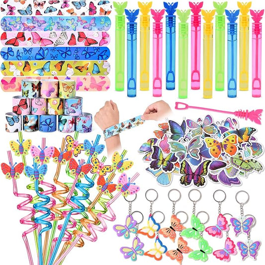 98 Butterfly Party Favors Fairy Birthday Party Supplies for Girls Kid Straw Bubble Wand Slap Bracelet Keychain Sticker Toy Gift Prize Goodie Bag Stuffer Butterfly Decorations Girl Party Favors
