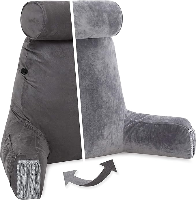 Husband Pillow Medium Aspen Edition Iron Grey, Sit Up Reading & Bed Rest with Arms, Ultra-Comfy, Detach Neck Roll - Premium Shredded Memory Foam Backrest, Reverses to Micro: Suede or Plush